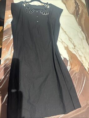 Vintage Miu Miu Black Linen Sleeveless A-Line Dress with Decorative Neck Detail